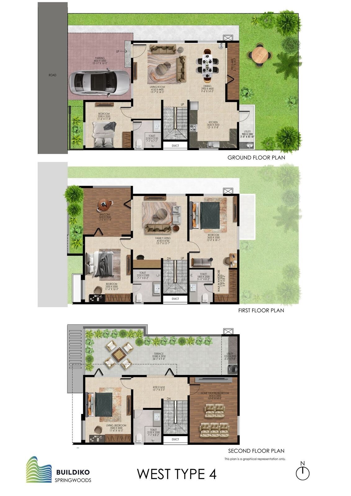 Floor plan of 4 BHK 3389 Sq. Ft. Villa in Buildiko Spring Woods, Bangalore