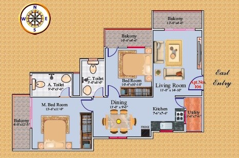 Floor plan of 2 BHK 1195 Sq. Ft. Apartment in Buildwell Heights, Bangalore