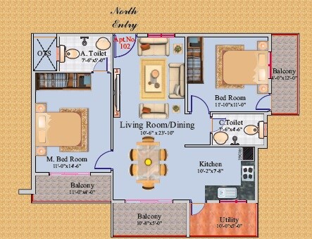 Floor plan of 2 BHK 1235 Sq. Ft. Apartment in Buildwell Heights, Bangalore