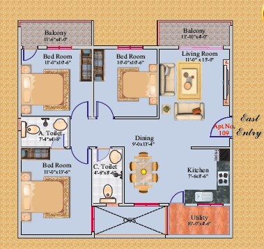 Floor plan of 3 BHK 1320 Sq. Ft. Apartment in Buildwell Heights, Bangalore