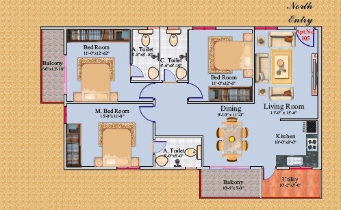 Floor plan of 3 BHK 1575 Sq. Ft. Apartment in Buildwell Heights, Bangalore