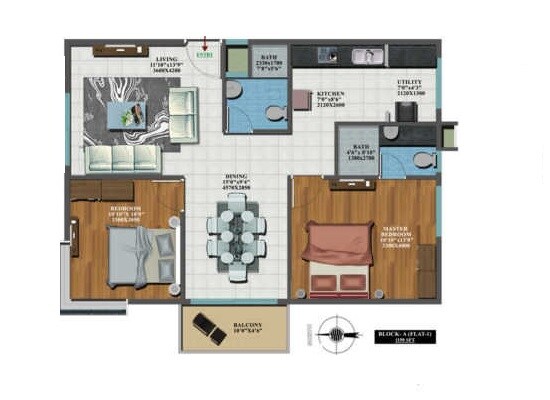 Floor plan of 2 BHK 1135 Sq. Ft. Apartment in Candeur Carlisle, Bangalore