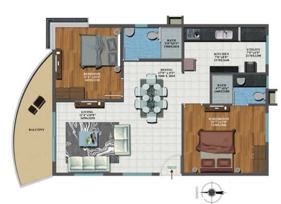 Floor plan of 2 BHK 1155 Sq. Ft. Apartment in Candeur Carlisle, Bangalore