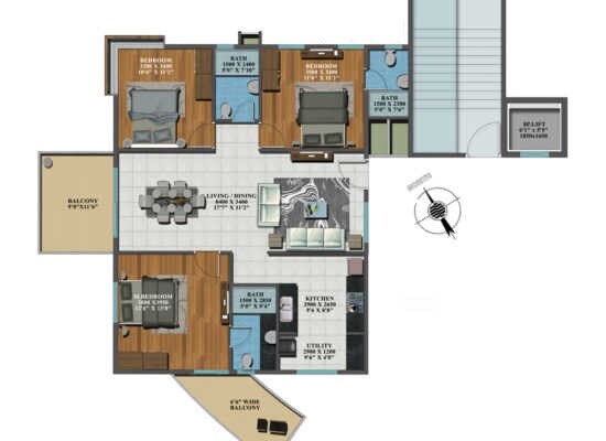 Floor plan of 3 BHK 1460 Sq. Ft. Apartment in Candeur Carlisle, Bangalore
