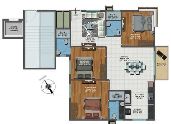 Floor plan of 3 BHK 1515 Sq. Ft. Apartment in Candeur Carlisle, Bangalore