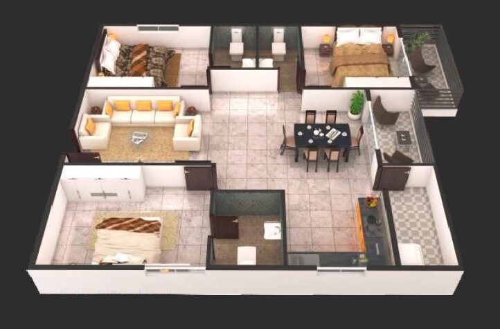 Floor plan of 3 BHK 1665 Sq. Ft. Apartment in Candeur Landmark, Bangalore