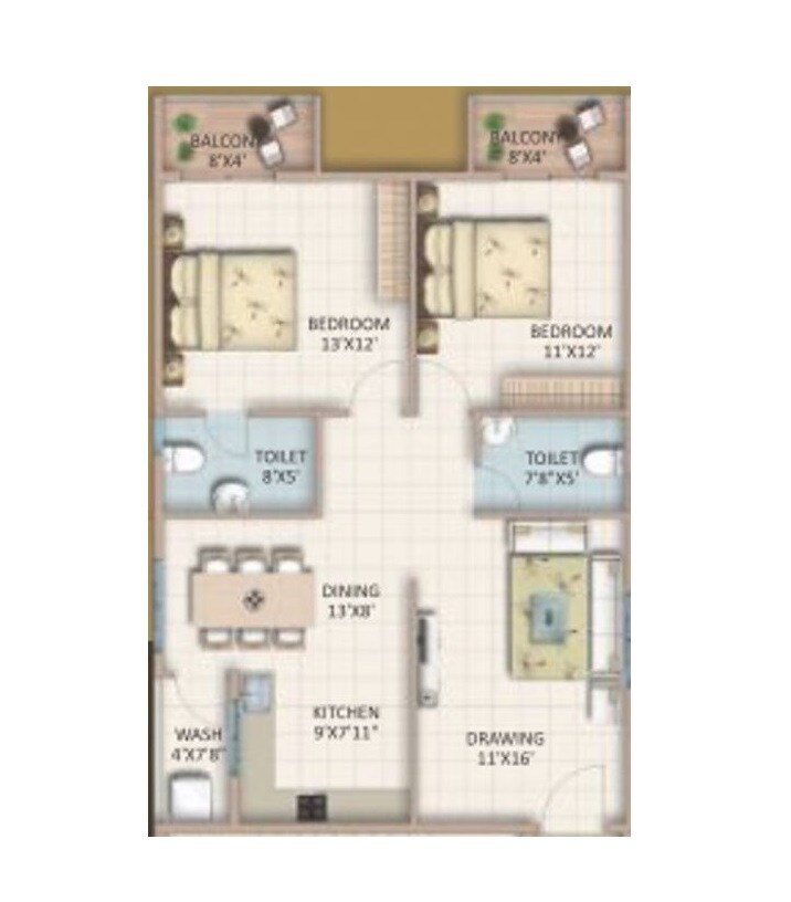 Floor plan of 2 BHK 1140 Sq. Ft. Apartment in Candeur Signature, Bangalore