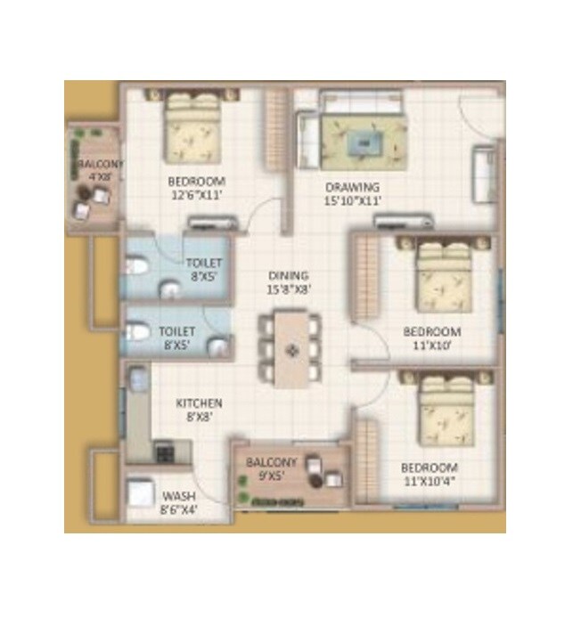 Floor plan of 3 BHK 1360 Sq. Ft. Apartment in Candeur Signature, Bangalore