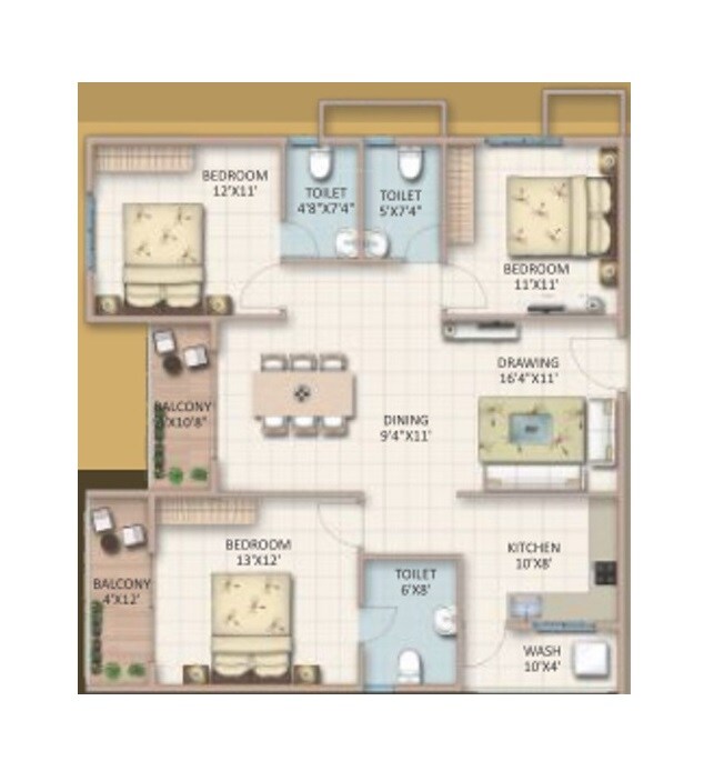 Floor plan of 3 BHK 1590 Sq. Ft. Apartment in Candeur Signature, Bangalore