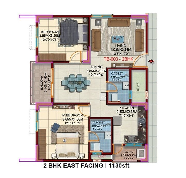 Floor plan of 2 BHK 1130 Sq. Ft. Apartment in Candeur Sunshine, Bangalore