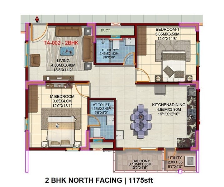 Floor plan of 2 BHK 1175 Sq. Ft. Apartment in Candeur Sunshine, Bangalore