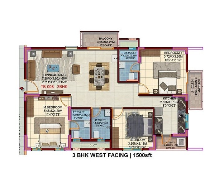 Floor plan of 3 BHK 1500 Sq. Ft. Apartment in Candeur Sunshine, Bangalore