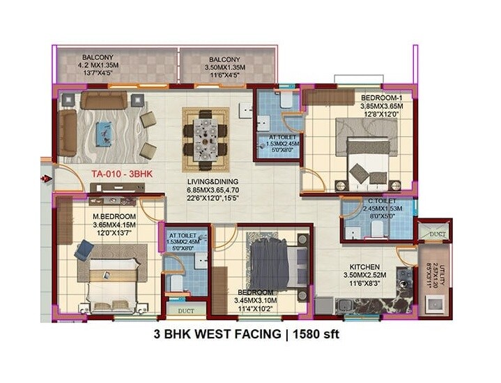 Floor plan of 3 BHK 1580 Sq. Ft. Apartment in Candeur Sunshine, Bangalore