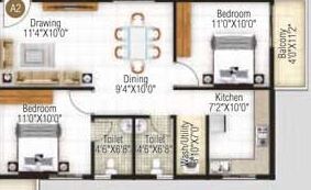 Floor plan of 2 BHK 970 Sq. Ft. Apartment in Cansa Dhiya, Bangalore