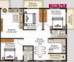 Floor plan of 3 BHK 1230 Sq. Ft. Apartment in Cansa Dhiya, Bangalore