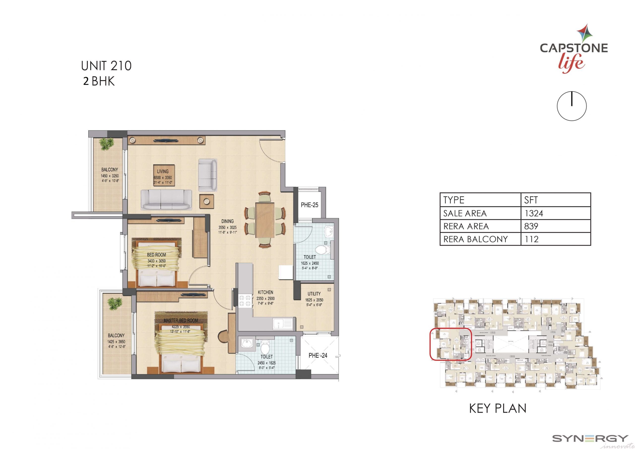 Floor plan of 2 BHK 1324 Sq. Ft. Apartment in Capstone Life Flowing Tree, Bangalore