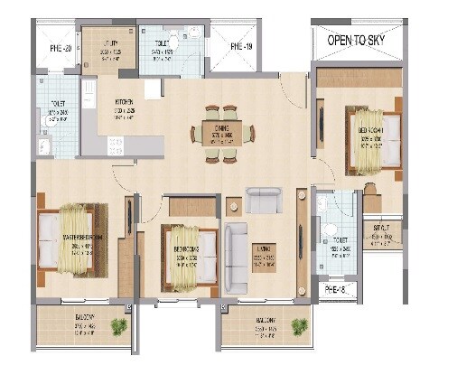 Floor plan of 3 BHK 1556 Sq. Ft. Apartment in Capstone Life Flowing Tree, Bangalore