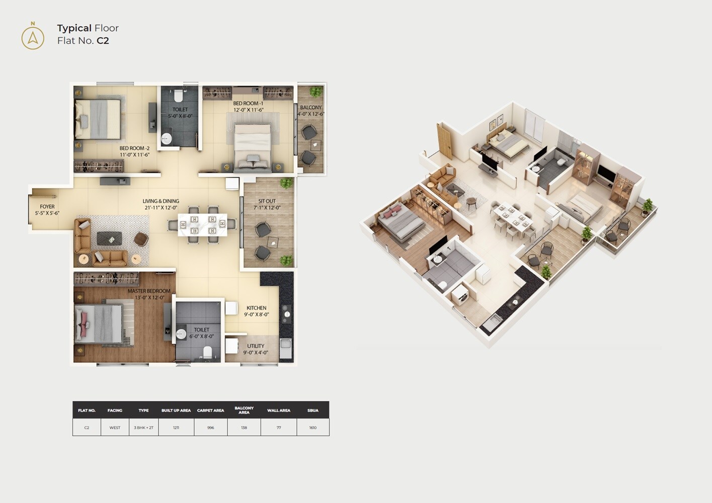 Floor plan of 3 BHK 1610 Sq. Ft. Apartment in Amberstone Ventara Residences, Bangalore