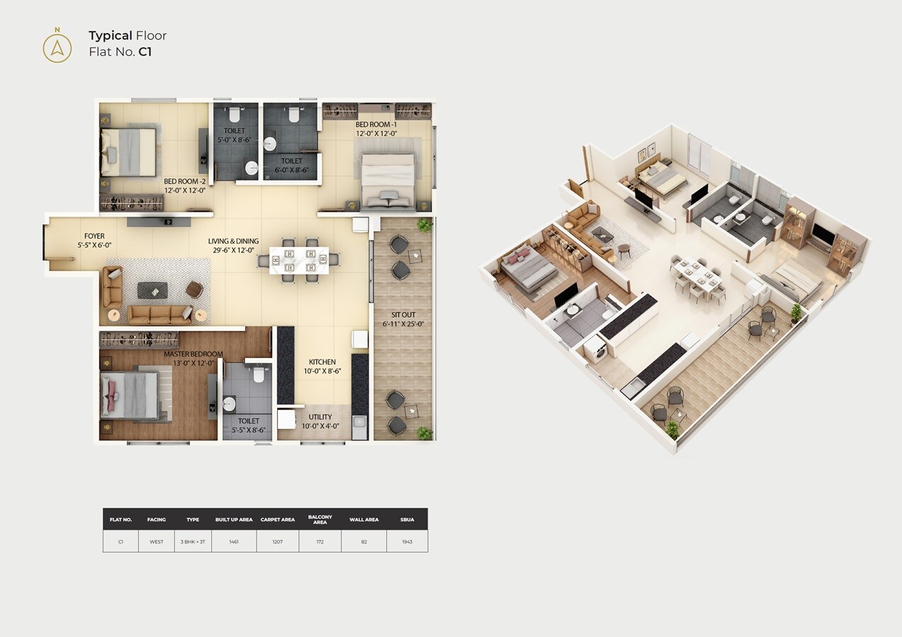 Floor plan of 3 BHK 1943 Sq. Ft. Apartment in Amberstone Ventara Residences, Bangalore