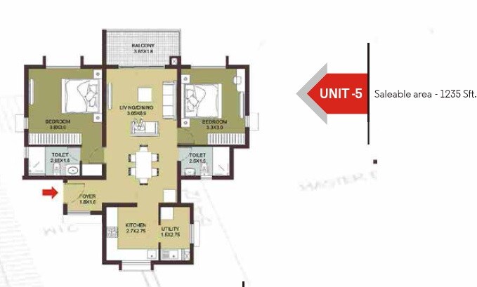 Floor plan of 2 BHK 1235 Sq. Ft. Apartment in Carbon Cornerstone, Bangalore