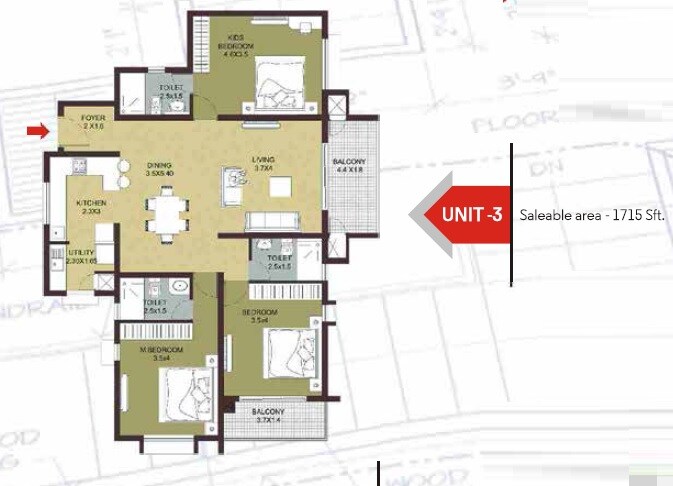 Floor plan of 3 BHK 1715 Sq. Ft. Apartment in Carbon Cornerstone, Bangalore