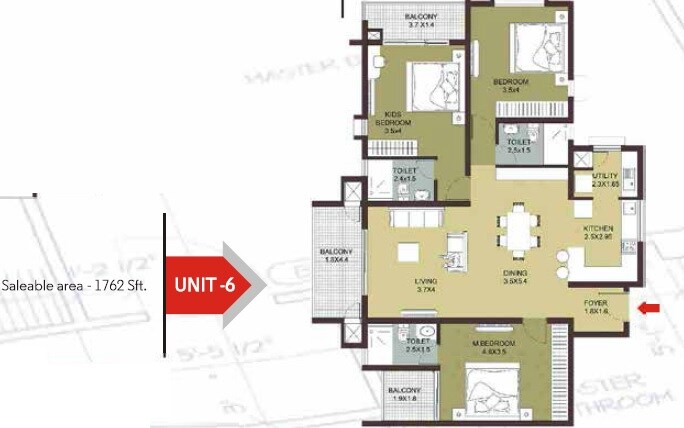 Floor plan of 3 BHK 1762 Sq. Ft. Apartment in Carbon Cornerstone, Bangalore