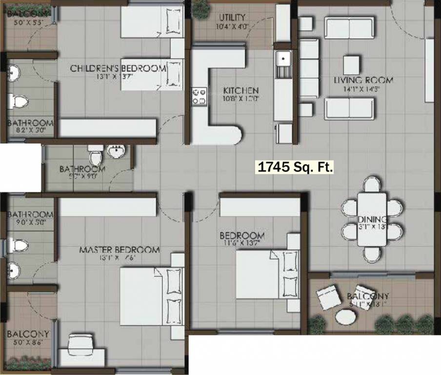 Floor plan of 3 BHK 1745 Sq. Ft. Apartment in Carbon Nethaniah, Bangalore