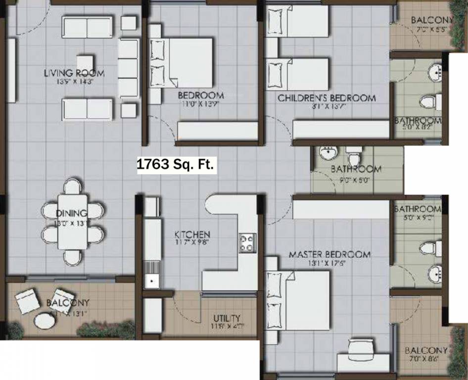 Floor plan of 3 BHK 1763 Sq. Ft. Apartment in Carbon Nethaniah, Bangalore