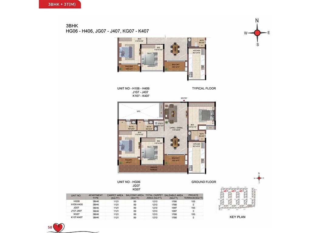 Floor plan of 3 BHK 1700 Sq. Ft. Apartment in Casagrand Amor, Bangalore