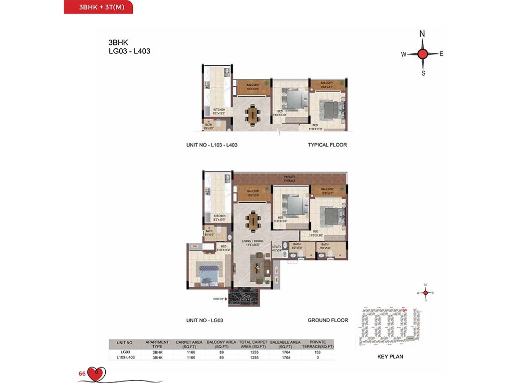 Floor plan of 3 BHK 1764 Sq. Ft. Apartment in Casagrand Amor, Bangalore