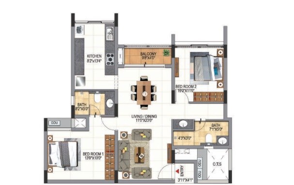 2 BHK 1055 Sq. Ft. Apartment