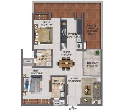 Floor plan of 2 BHK 1105 Sq. Ft. Apartment in Casagrand Boulevard, Bangalore