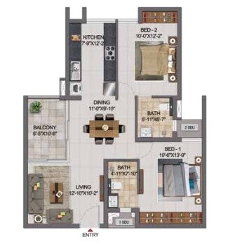 Floor plan of 2 BHK 1227 Sq. Ft. Apartment in Casagrand Boulevard, Bangalore