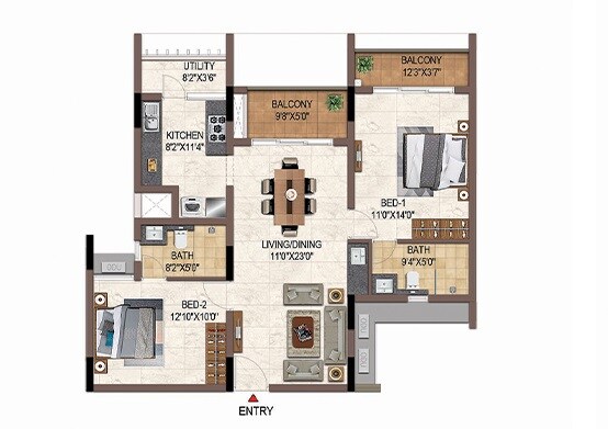 Floor plan of 2 BHK 1257 Sq. Ft. Apartment in Casagrand Galileo, Bangalore