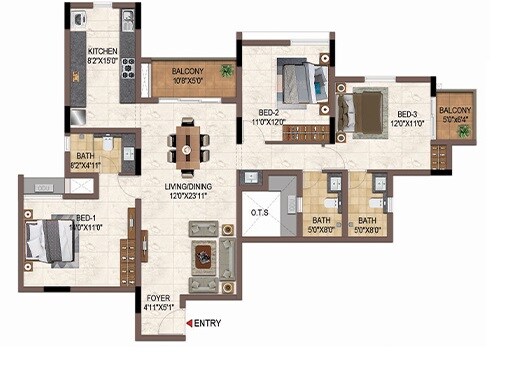 Floor plan of 3 BHK 1664 Sq. Ft. Apartment in Casagrand Galileo, Bangalore