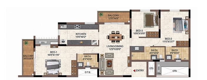 Floor plan of 3 BHK 1740 Sq. Ft. Apartment in Casagrand Galileo, Bangalore