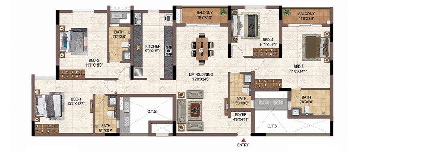 Floor plan of 4 BHK 2193 Sq. Ft. Apartment in Casagrand Galileo, Bangalore