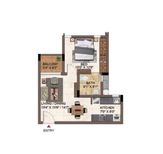 Floor plan of 1 BHK 848 Sq. Ft. Apartment in Casagrand Hazen, Bangalore