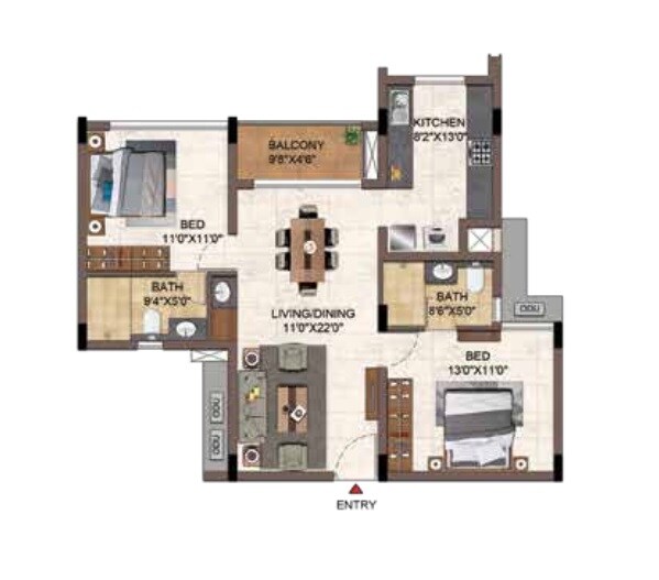 Floor plan of 2 BHK 1370 Sq. Ft. Apartment in Casagrand Hazen, Bangalore