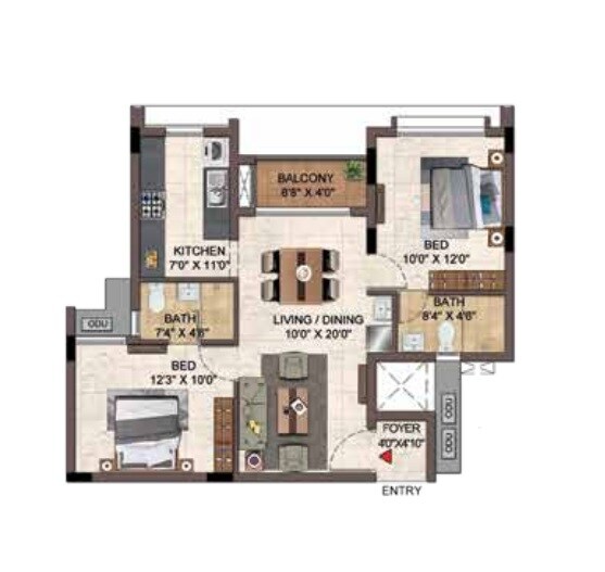Floor plan of 2 BHK 970 Sq. Ft. Apartment in Casagrand Hazen, Bangalore