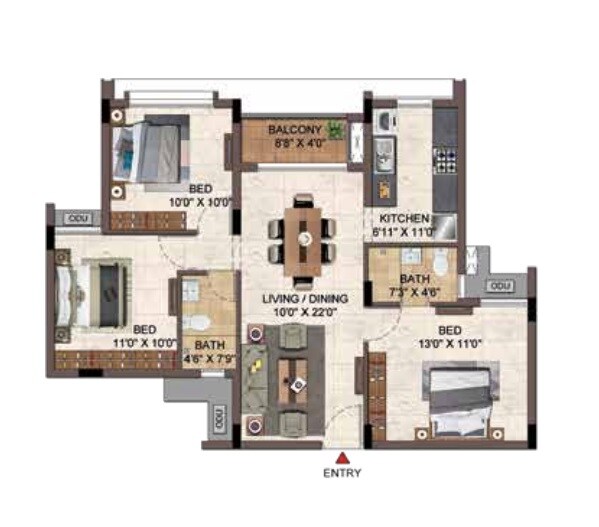 Floor plan of 3 BHK 1400 Sq. Ft. Apartment in Casagrand Hazen, Bangalore