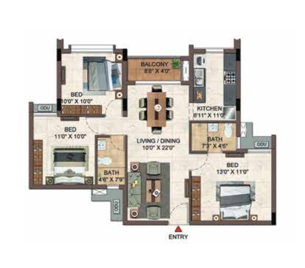 Floor plan of 3 BHK 1780 Sq. Ft. Apartment in Casagrand Hazen, Bangalore