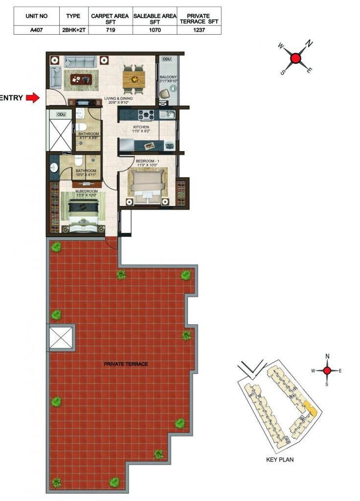 Floor plan of 2 BHK 1070 Sq. Ft. Apartment in Casagrand Lorenza, Bangalore