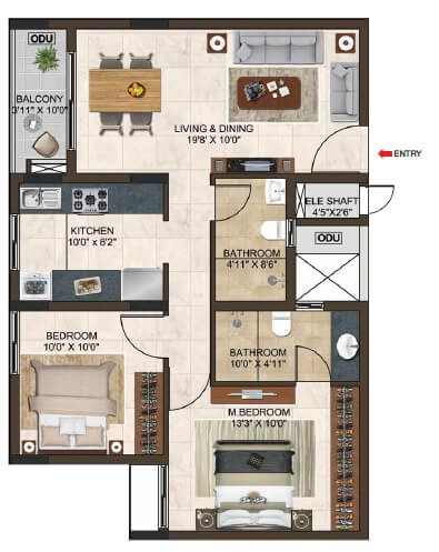 Floor plan of 2 BHK 1015 Sq. Ft. Apartment in Casagrand Lorenza, Bangalore