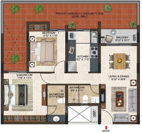 Floor plan of 2 BHK 1091 Sq. Ft. Apartment in Casagrand Lorenza, Bangalore
