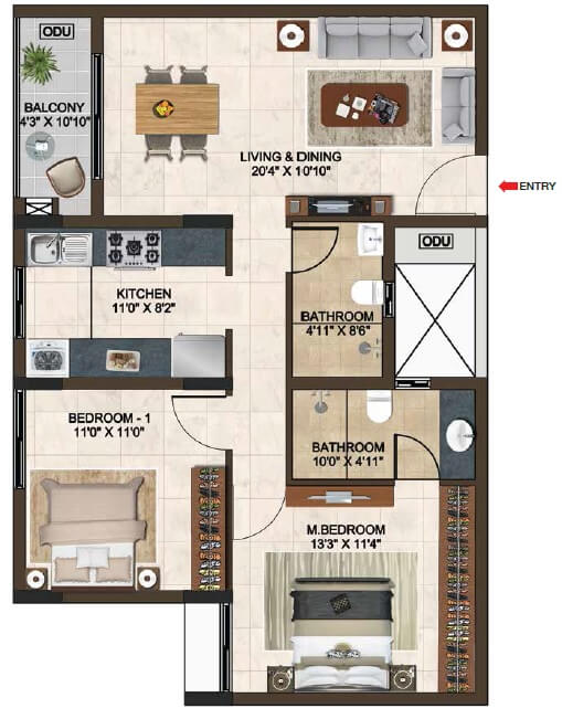 Floor plan of 2 BHK 1120 Sq. Ft. Apartment in Casagrand Lorenza, Bangalore