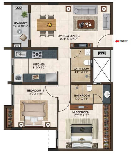 Floor plan of 2 BHK 1132 Sq. Ft. Apartment in Casagrand Lorenza, Bangalore