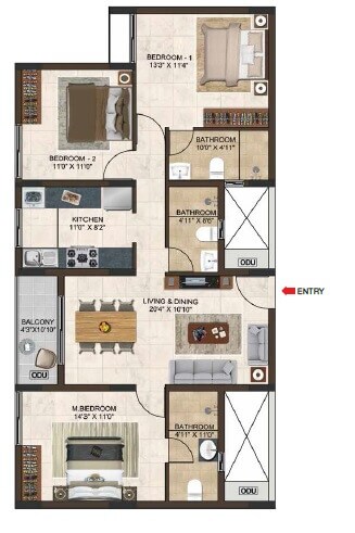 Floor plan of 3 BHK 1436 Sq. Ft. Apartment in Casagrand Lorenza, Bangalore