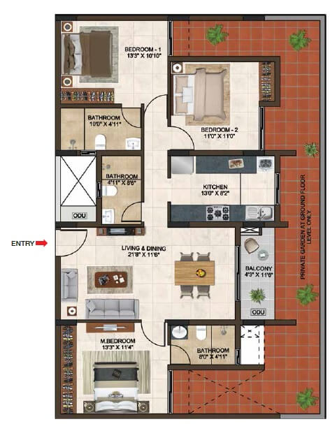 Floor plan of 3 BHK 1475 Sq. Ft. Apartment in Casagrand Lorenza, Bangalore
