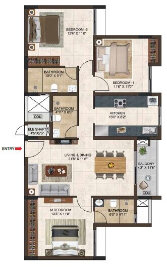 Floor plan of 3 BHK 1500 Sq. Ft. Apartment in Casagrand Lorenza, Bangalore